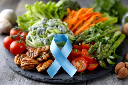 Blue ribbon representing prostate cancer awareness with fresh healthy vegetables and nutsの素材