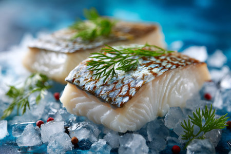 Fresh seabass fillets with dill and peppercorns on crushed ice, ready for cookingの素材