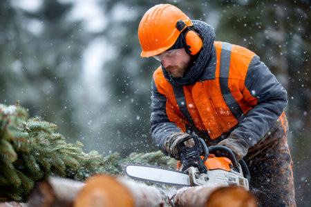 Lumberjack man wearing safety gear splitting logs with a chainsaw in a snowy forestの素材