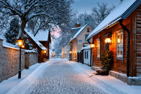 Old village street covering with snow during a cold winter eveningの素材
