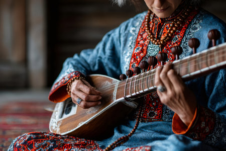 Musician playing a string instrument, performing traditional classical music in cultural clothingの素材