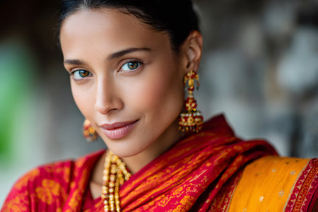 Indian woman confidently looking at camera, wearing a vibrant sari and traditional jewelryの素材