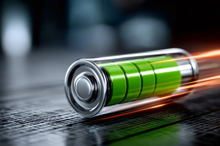 Battery depicting rapid charging and green energy supply on a circuit board surfaceの素材