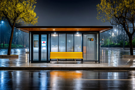 Bus stop with an empty yellow bench on a rainy night, reflecting city lights on the wet streetの素材