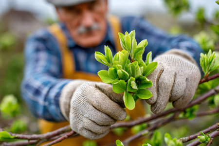 Senior man in gloves pruning fresh green leaves on a tree branch in springの素材