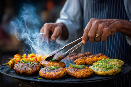 Chef's hands flipping food patties on a hot grill, generating smoke and aromaの素材
