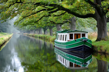 Houseboat floating on calm canal water, reflecting lush trees and natureの素材