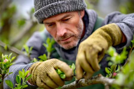 Focused man in gloves carefully pruning new growth on a fruit tree branch in springの素材