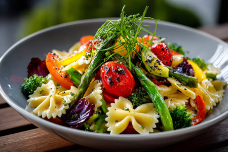 Plate of colorful farfalle pasta and roasted vegetables, including tomatoes, asparagus, and broccoliの素材