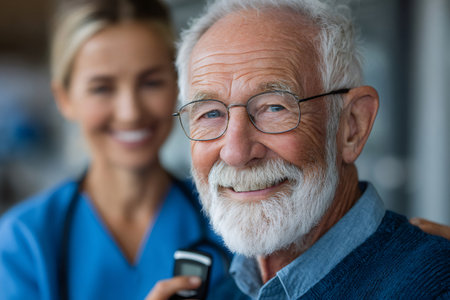 Happy senior man smiling while nurse monitors his blood sugar levelsの素材
