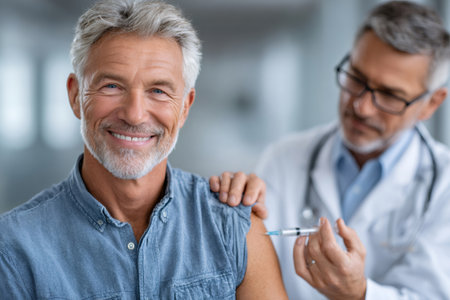 Senior man smiling cheerfully receiving a vaccine injection from a doctorの素材