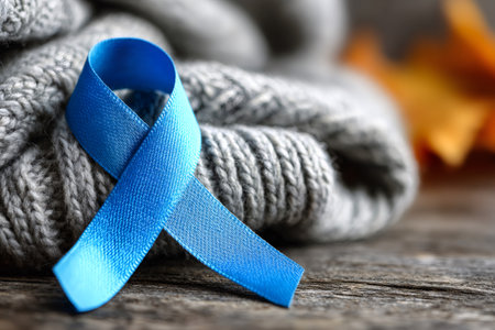 Blue ribbon symbolizing prostate cancer awareness and men's health on a rustic wooden surfaceの素材