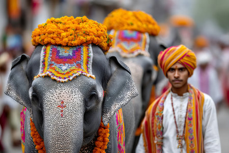 Elephants adorned with marigold garlands and colorful textiles participating in a cultural processionの素材