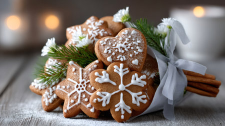 Gingerbread cookies shaped as hearts and snowflakes bundled with pine branches and cinnamon sticksの素材