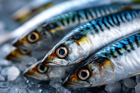 Mackerel fish chilling on ice, ready for healthy cooking and culinary useの素材