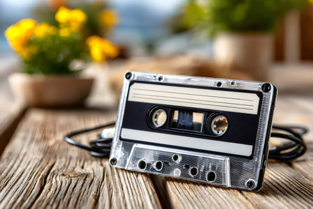 Audio cassette tape and wired earphones resting on a vintage wooden surfaceの素材