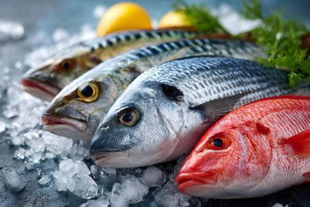 Raw seafood assortment presented on ice, ready for cooking or market displayの素材