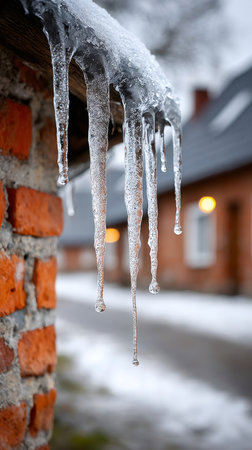 Clear icicles slowly melting and dripping water in winter on a rustic brick wallの素材