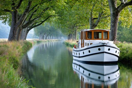 Canal boat navigating calm water bordered by plane trees, enjoying travel in southern Franceの素材