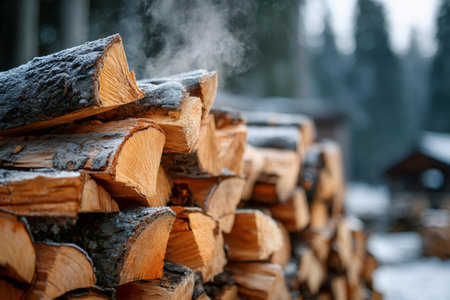 Stacked firewood logging with steam rising in a freezing winter landscapeの素材