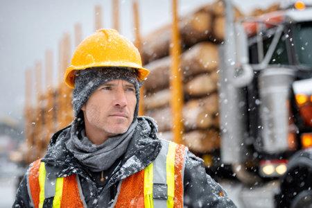 Logger wearing hard hat and safety vest, standing in snowy weather with truck in backgroundの素材