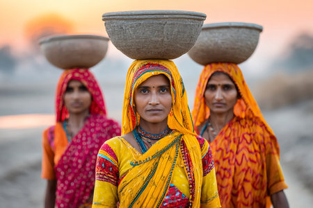 Rural rajasthan women carrying clay pots on their heads at sunsetの素材