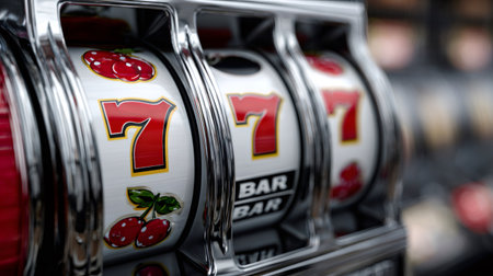 Slot machine reels spinning with red sevens, illustrating chance, addiction, and winningの素材