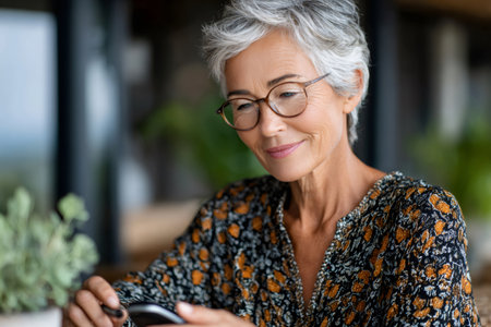 Mature woman happily using a smartphone, connecting with digital worldの素材