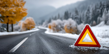 Warning triangle marking a breakdown on a dangerous icy road during cold winter conditionsの素材