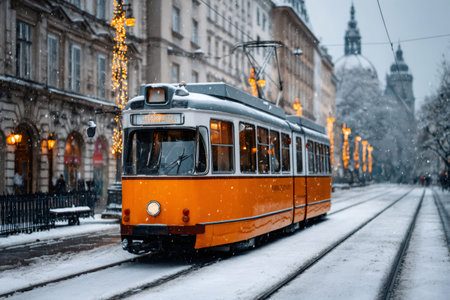 Yellow tram traveling on snow covered tracks during winter in an urban settingの素材
