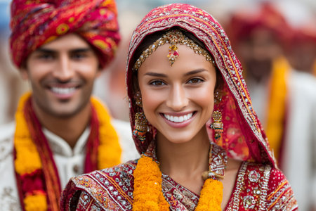 Indian bride smiling on her wedding day, wearing traditional clothing and jewelryの素材