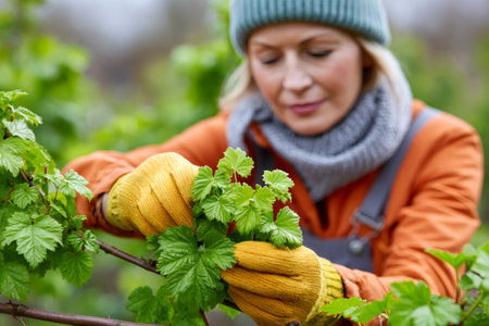 Mature woman wearing gloves and hat caring for plants outdoors in a gardenの素材