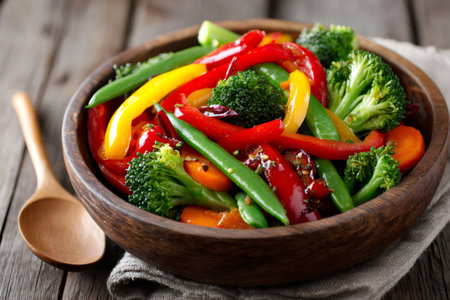Colorful stir fried vegetables with broccoli, bell peppers, and snap peas in a wooden bowlの素材
