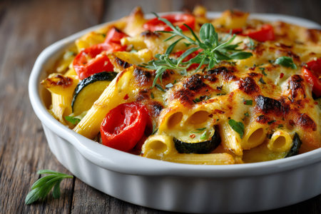 Penne pasta combining zucchini, tomatoes, and melted cheese, garnished with rosemary in a baking dishの素材