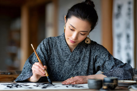 Japanese woman focused on writing kanji characters with a brush and inkの素材