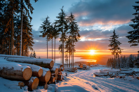 Logs piled on the snow in a deforested area with evergreen trees catching golden lightの素材