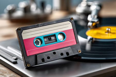 Vintage audio cassette lying on a turntable with a vinyl record, symbolizing music nostalgiaの素材