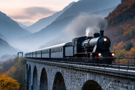 Vintage steam train travels on a stone viaduct through a misty alpine valley during autumnの素材