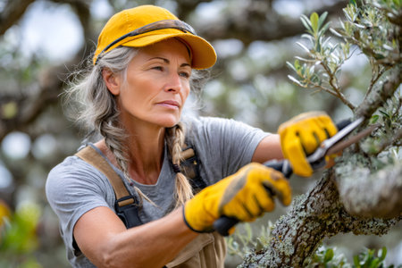 Woman wearing a cap and work gloves trimming an olive tree branchの素材