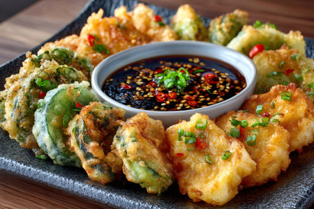 Crispy fried vegetable tempura served on a plate with spicy tare sauce topped with chiliの素材