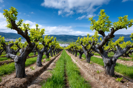 Fruit trees with new leaves in rows across an agricultural fieldの素材