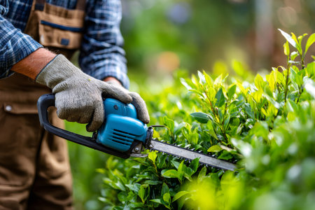 Person in work gloves trimming a green shrub using an electric hedge trimmerの素材