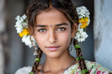 Young Indian girl looking at camera with bindi, braids, and traditional flowers in her hairの素材