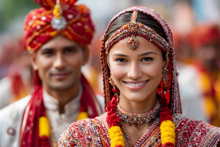 Cheerful Indian bride and blurred groom celebrating their traditional marriageの素材