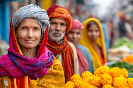 Indian woman smiling at a street market with her family and marigold flowersの素材