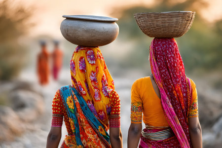 Two Indian women in traditional saris carrying items on their heads through a rural landscapeの素材