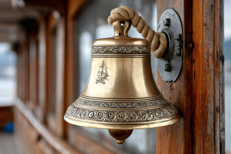 Ornate brass nautical bell with rope, mounted on a wooden ship panelの素材