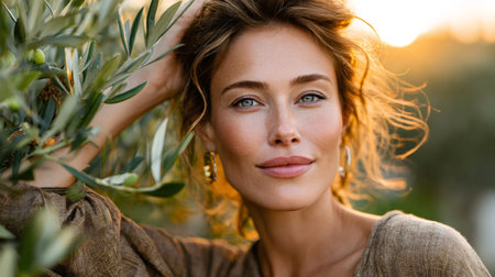 Woman posing in an olive grove feeling serene during golden hourの素材