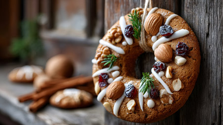Gingerbread Christmas wreath decorated with nuts and dried cranberries, symbolizing holiday bakingの素材