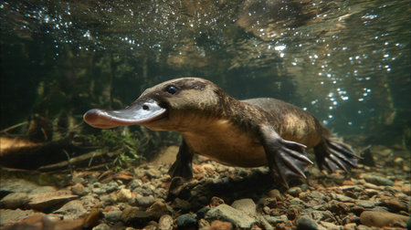 Platypus swimming gracefully at the bottom of a freshwater riverbedの素材